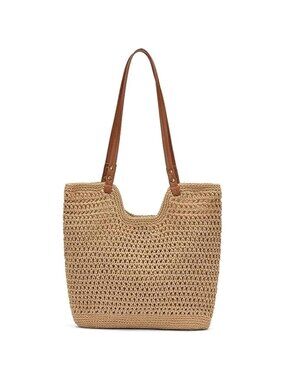 Women's Khaki Boho Woven Shoulder Bag Crochet Beach Tote Purse For Beach Day